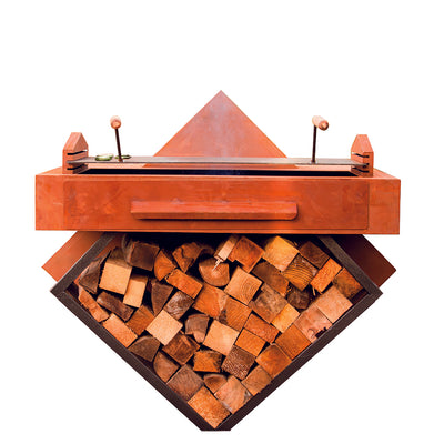 Holzkohlegrill "Style 3" mit Holzlege im Edelrost Design