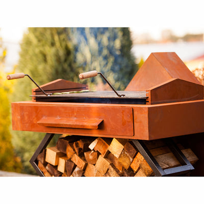 Holzkohlegrill "Style 3" mit Holzlege im Edelrost Design