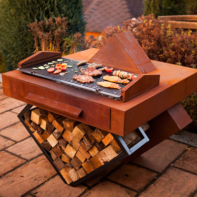 Holzkohlegrill "Style 3" mit Holzlege im Edelrost Design