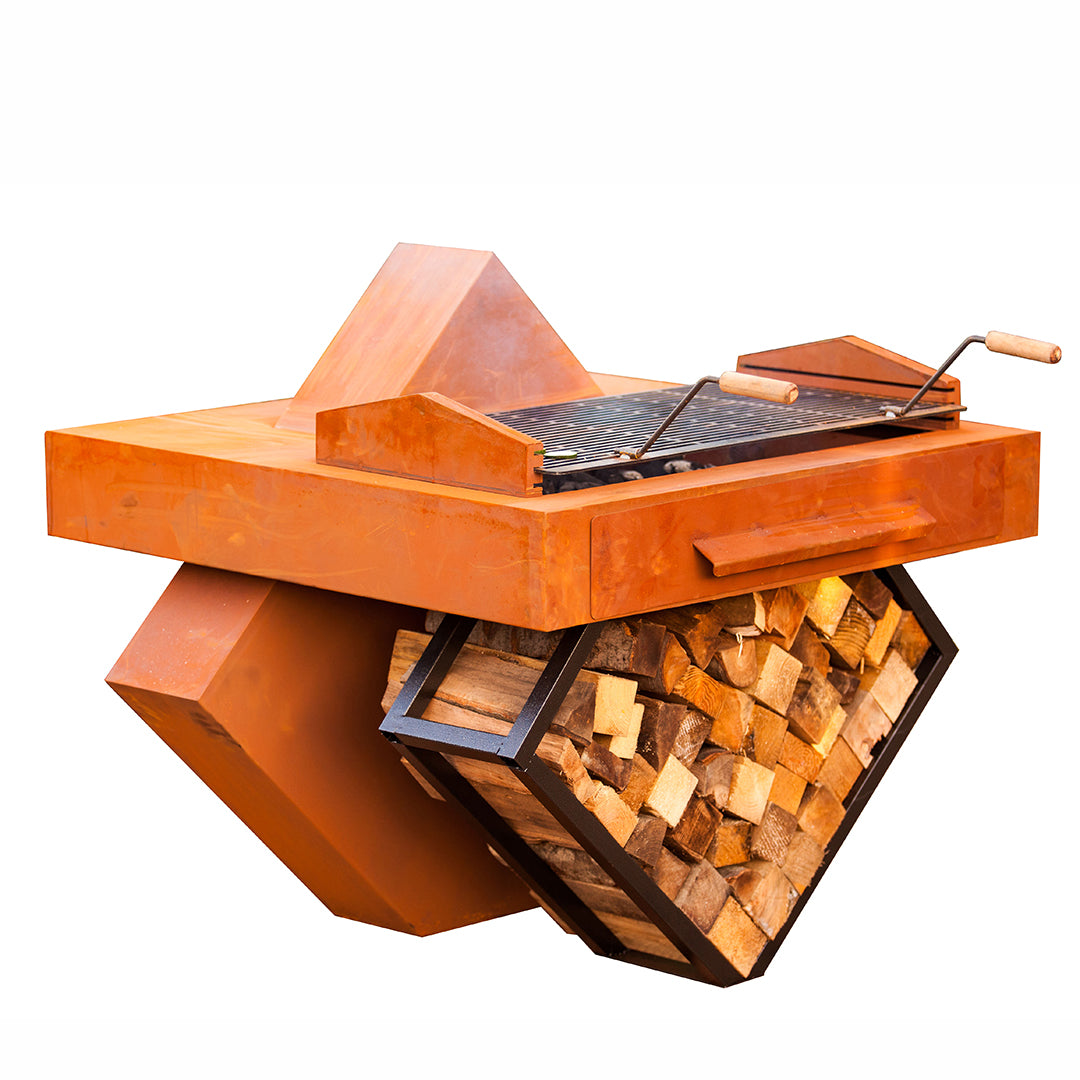 Holzkohlegrill "Style 3" mit Holzlege im Edelrost Design