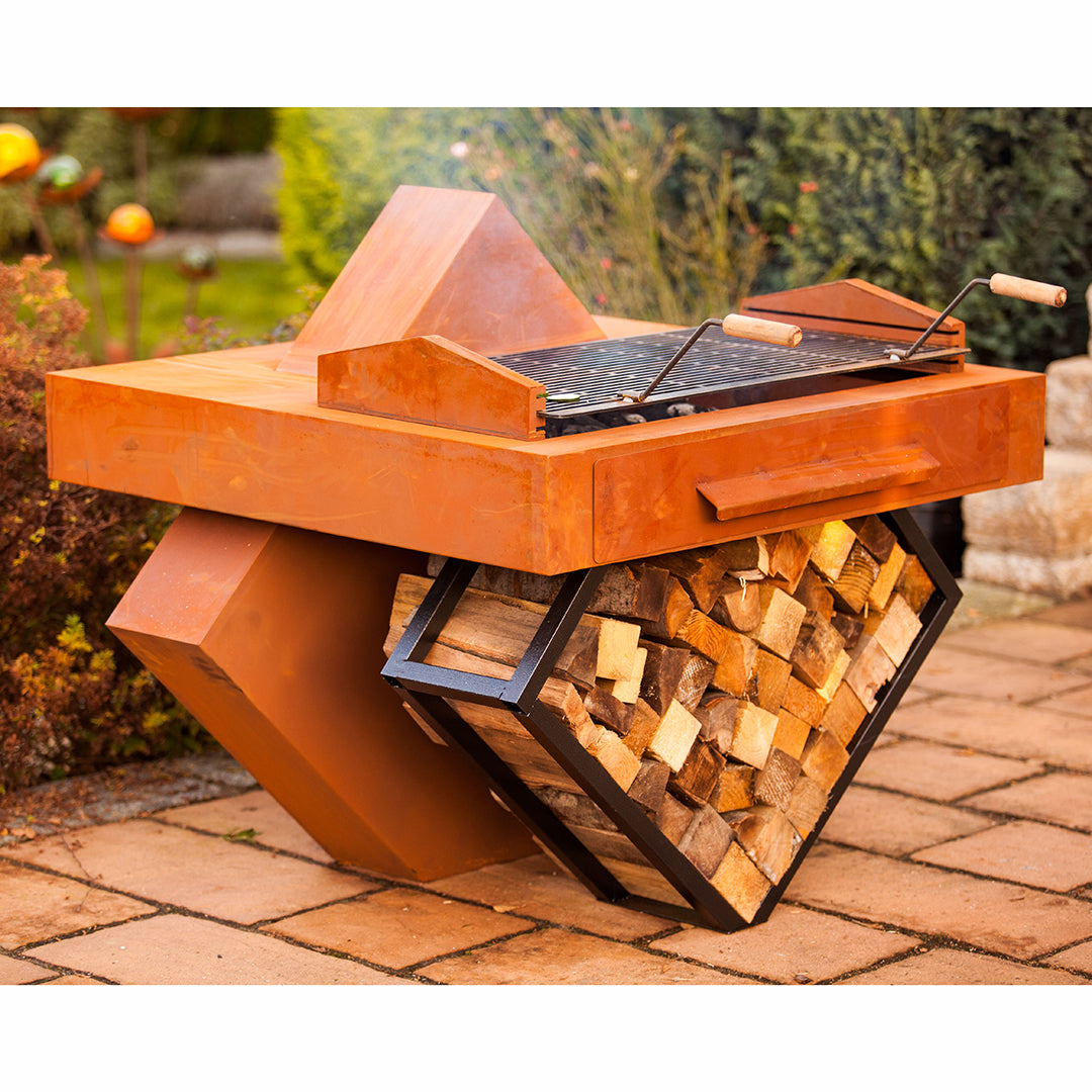 Holzkohlegrill "Style 3" mit Holzlege im Edelrost Design