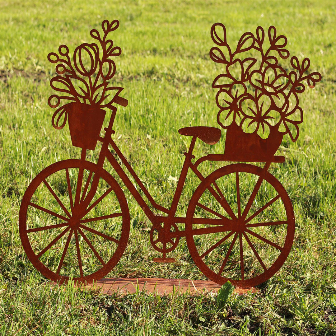Fahrrad mit zwei Blumenkörben aus Metall im Edelrost Design