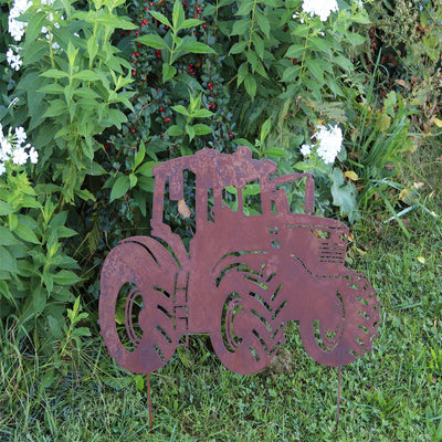 Gartenstecker Traktor aus Metall im Edelrost Design