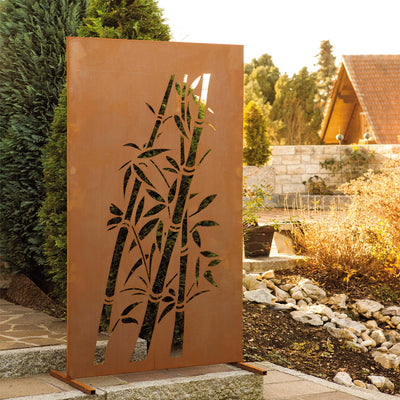 Sichtschutzwand "Bambus" Trennwand aus Metall im Rost Design