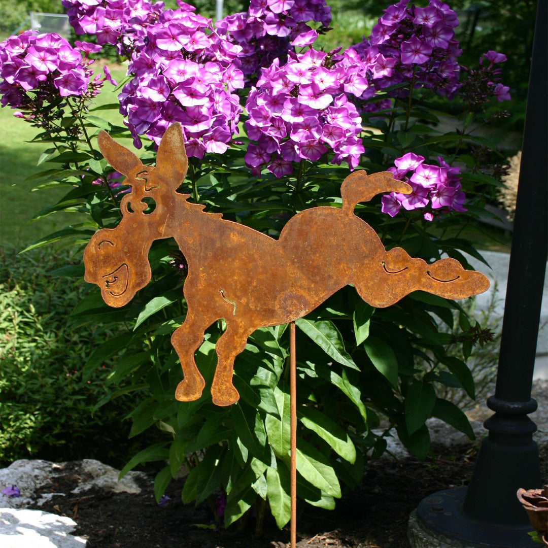Gartenstecker happy donky aus Metall im Edelrost Design