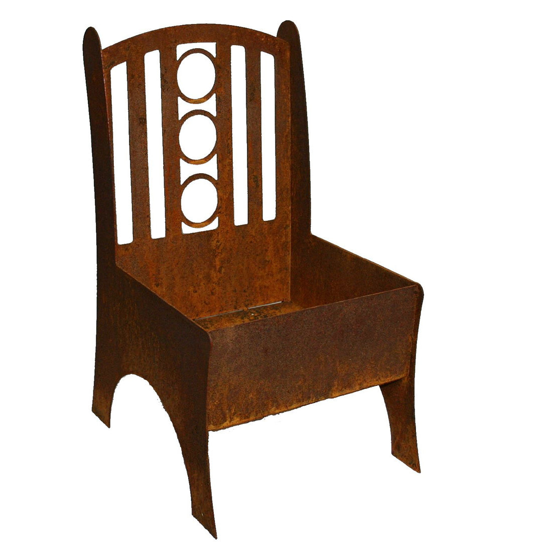 Pflanzschale als Stuhl aus Metall in Rost Optik