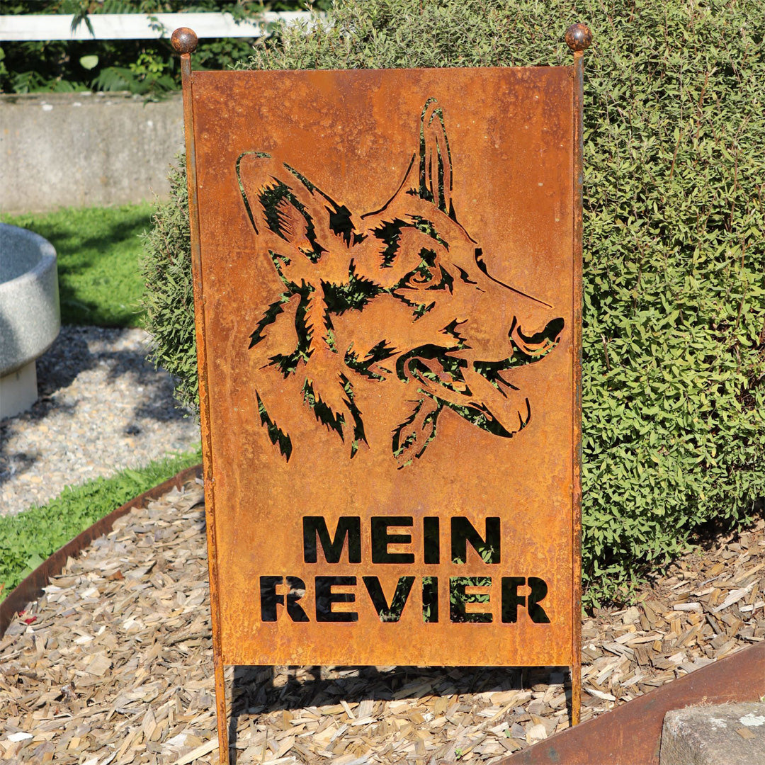 Gartenstecker mit Schäferhund Motiv aus Metall im Edelrost Design