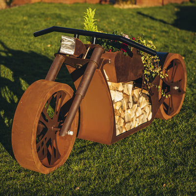 Holzkohlegrill "Chopper" mit Holzlege aus Metall im Motorrad Design