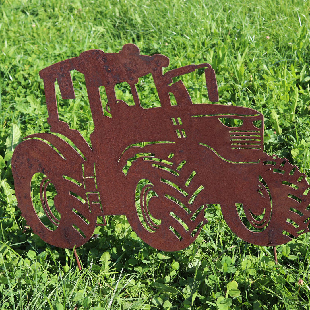 Gartenstecker Traktor aus Metall im Edelrost Design