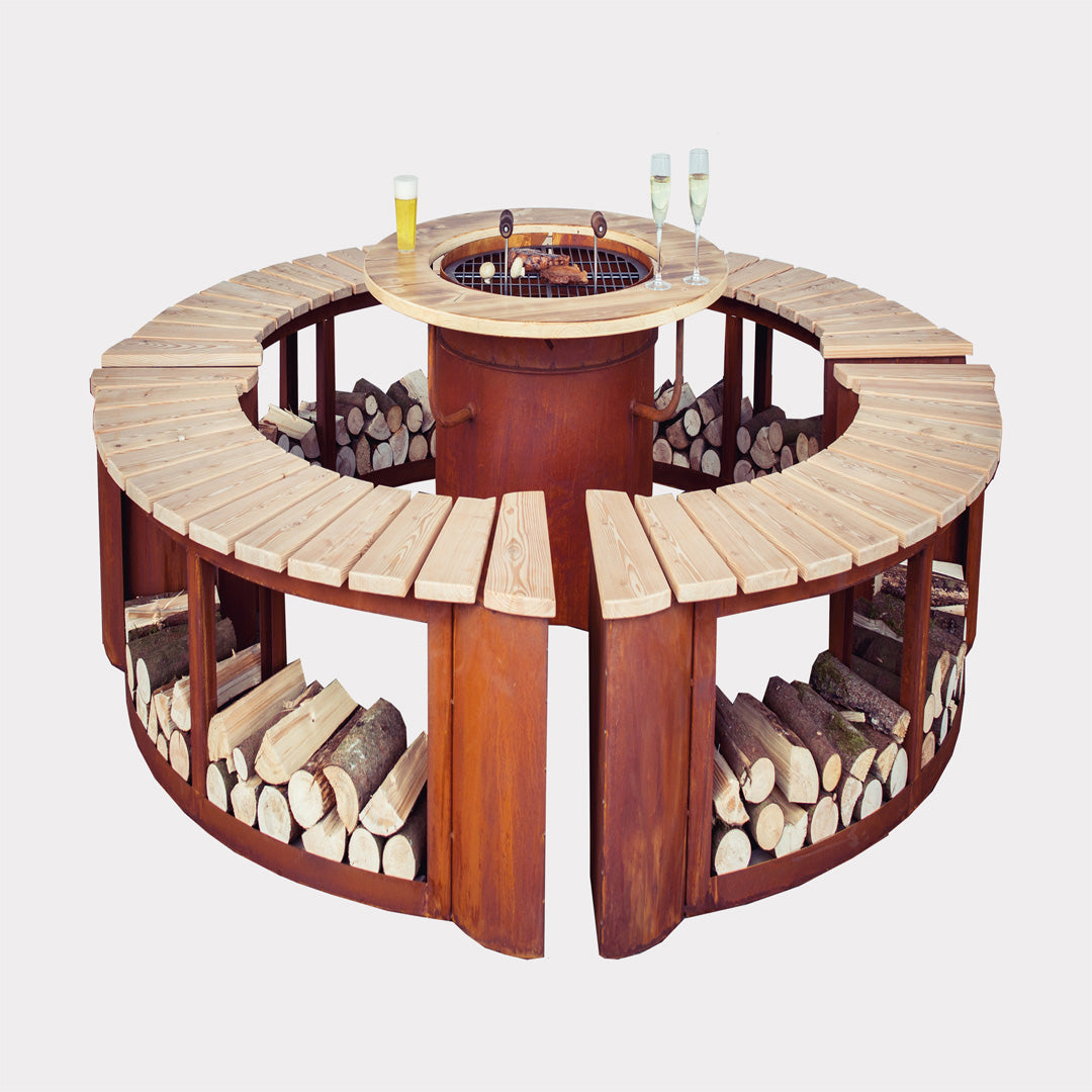 Feuerstellen Set "Circle" mit Grill, Holzlegen und Bänken