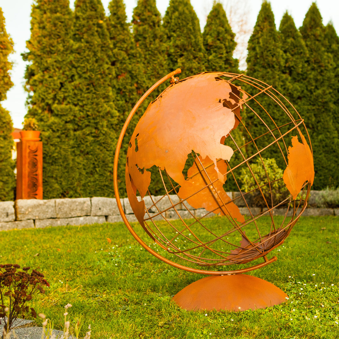 Kunst für den Garten 3D Weltkarte - Globus in Edelrostoptik