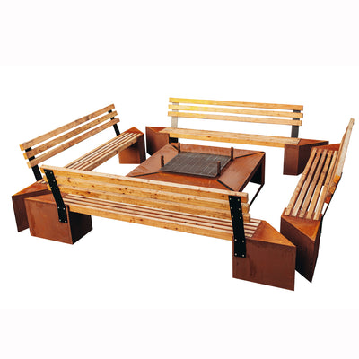 Feuerstelle "Good Times" mit Grill und Bänken im Edelrost Design