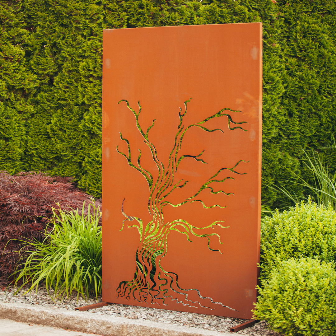 Sichtschutzwand "Baum" Trennwand aus Metall im Rost Design