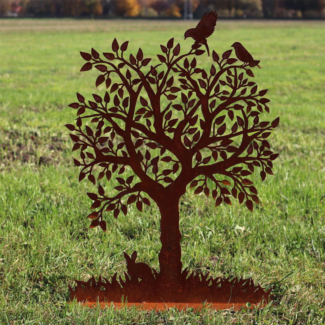 Figur Baum mit Hase & Vogel auf Platte im Edelrost Look